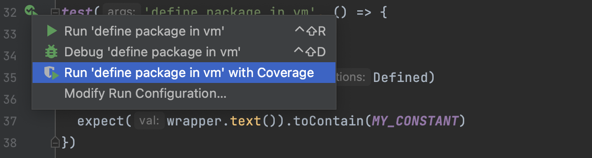 Run Vitest tests with coverage from the editor