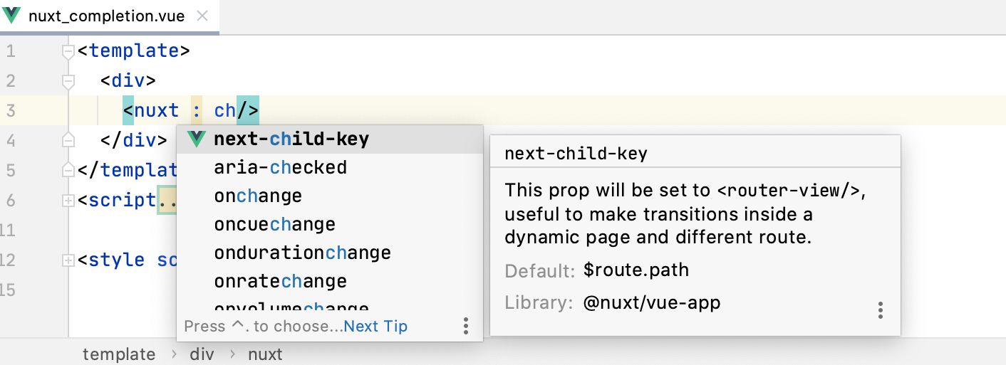 Completion and quick doc for Nuxt component