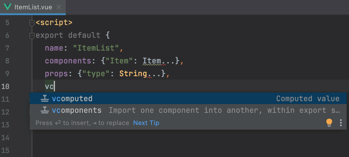 Vue.js code snippet (live template)