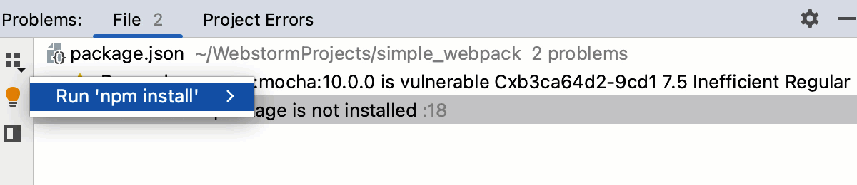 View and fix problems with vulnerability packages in the Problems tool window