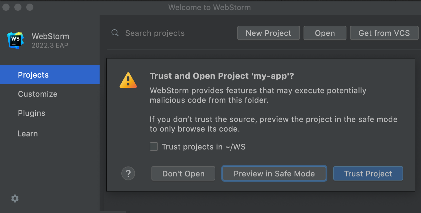 Untrusted project warning