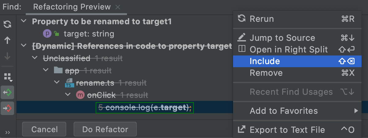 Refactoring Preview: the dynamic usages of a symbol are marked as excluded from refactoring