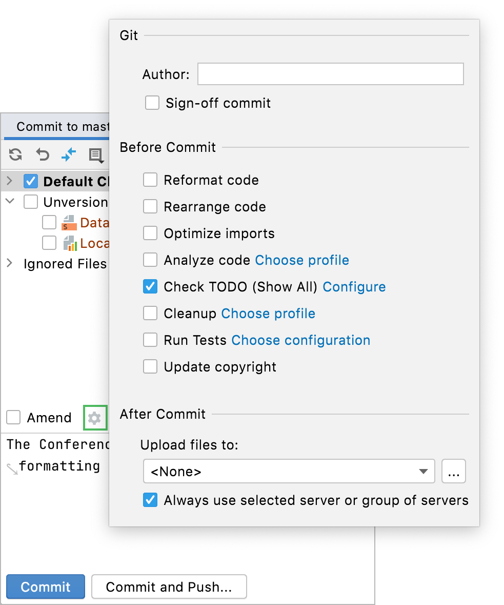 Advanced commit options popup