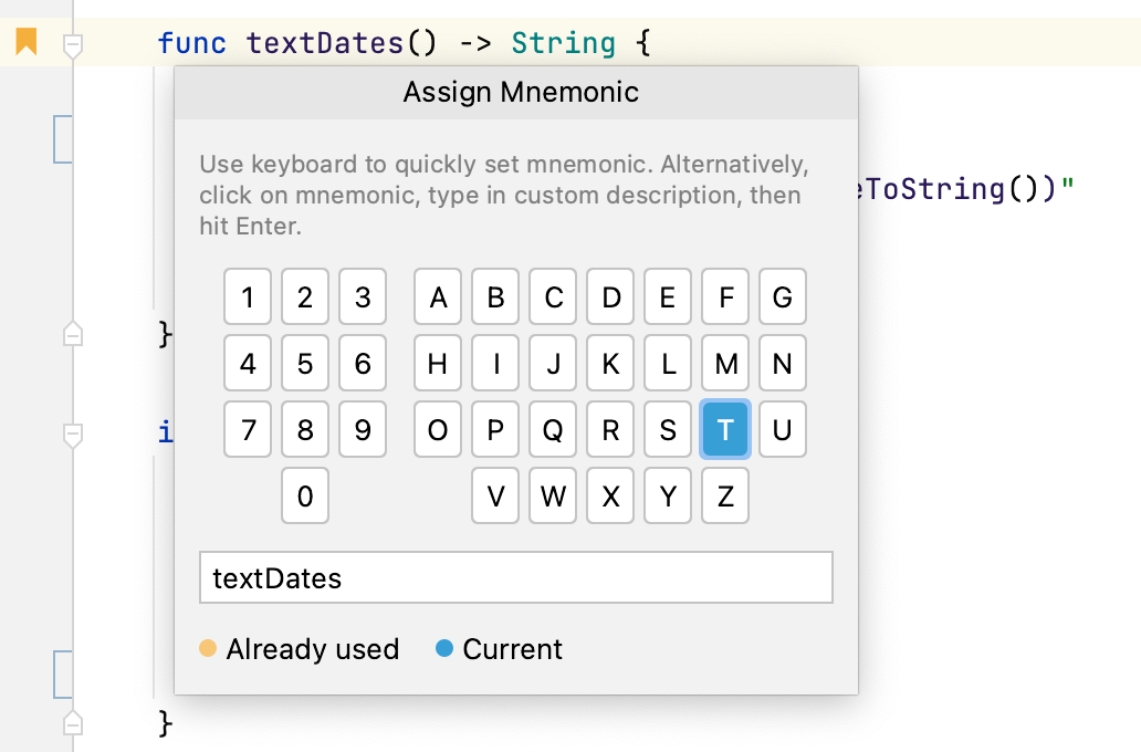 Adding a mnemonic bookmark: select an identifier