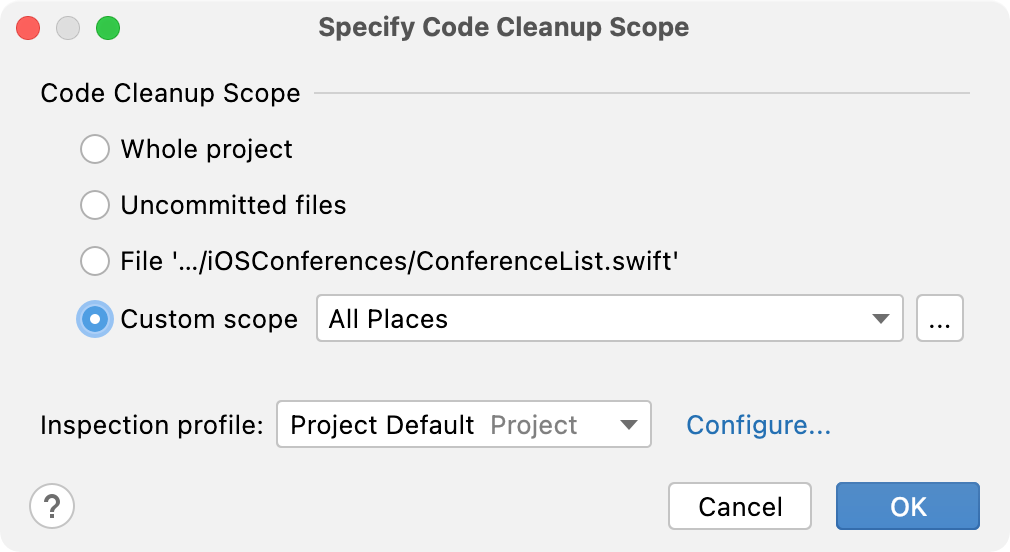 the Specify Code Cleanup Scope dialog