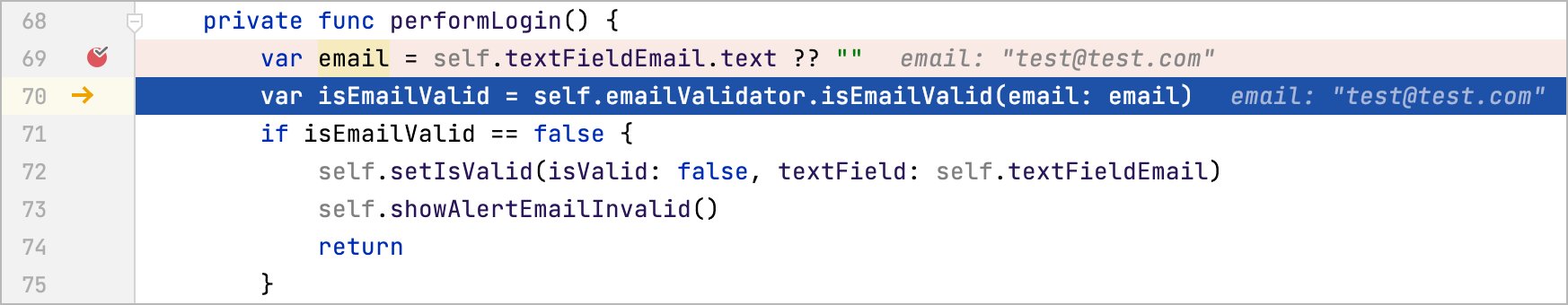 Variable values are displayed at the lines where they are used