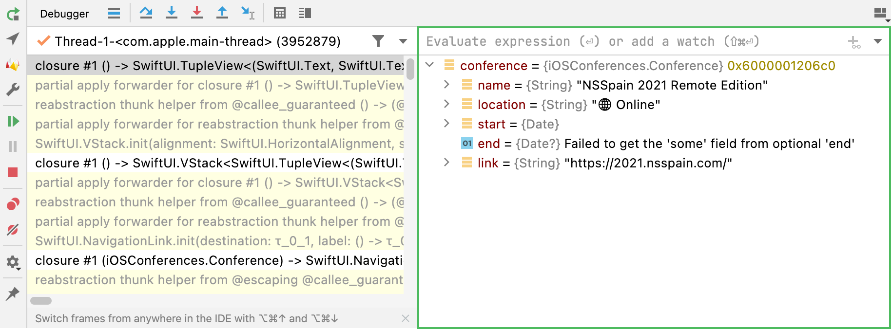 The Variables tab shows you the variables visible from the current execution point