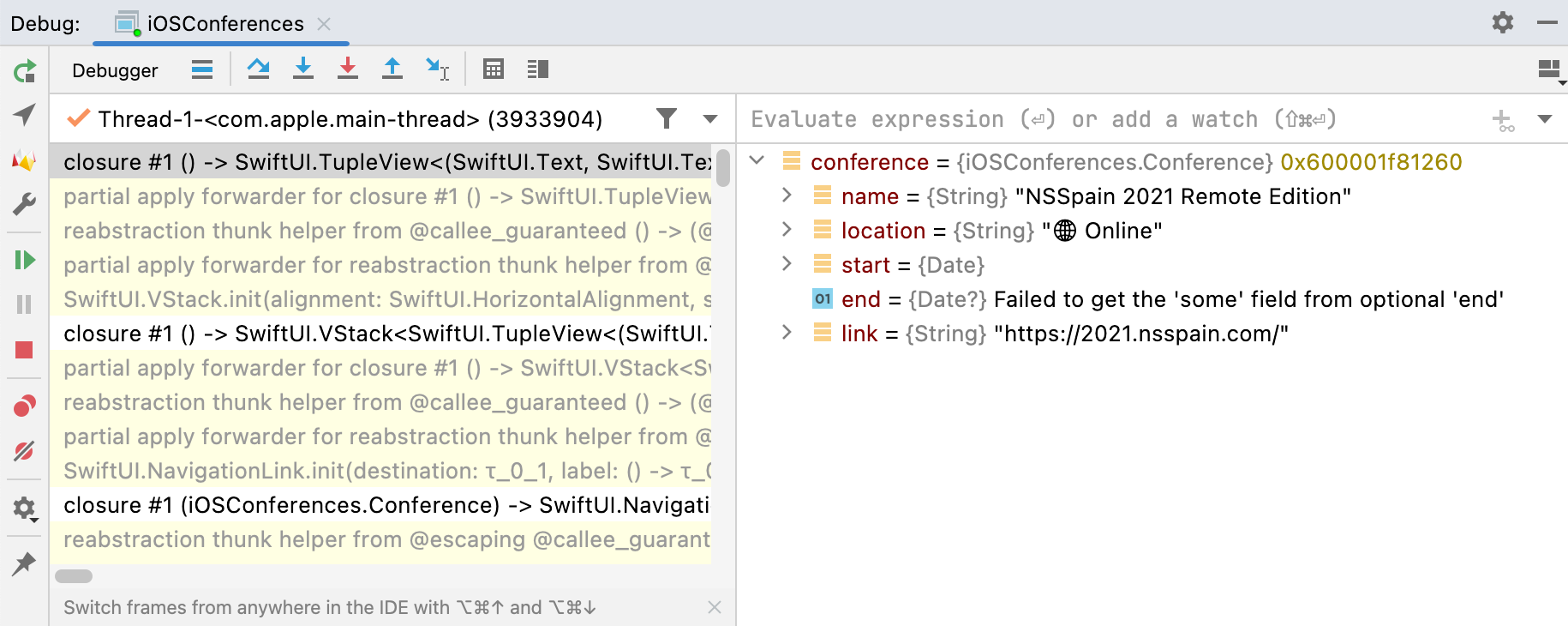 Debug tool window overview