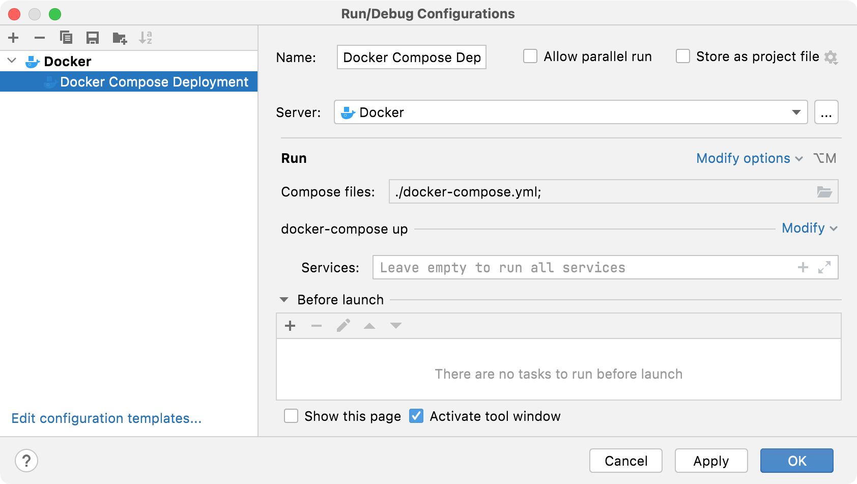 Docker Compose run configuration dialog