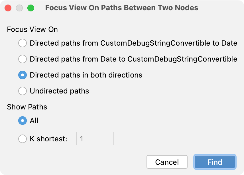 the Focus on Paths between Two Nodes dialog