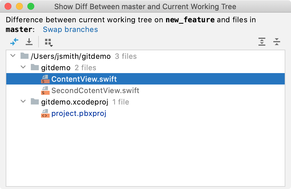 Show diff between selected branch and current working tree