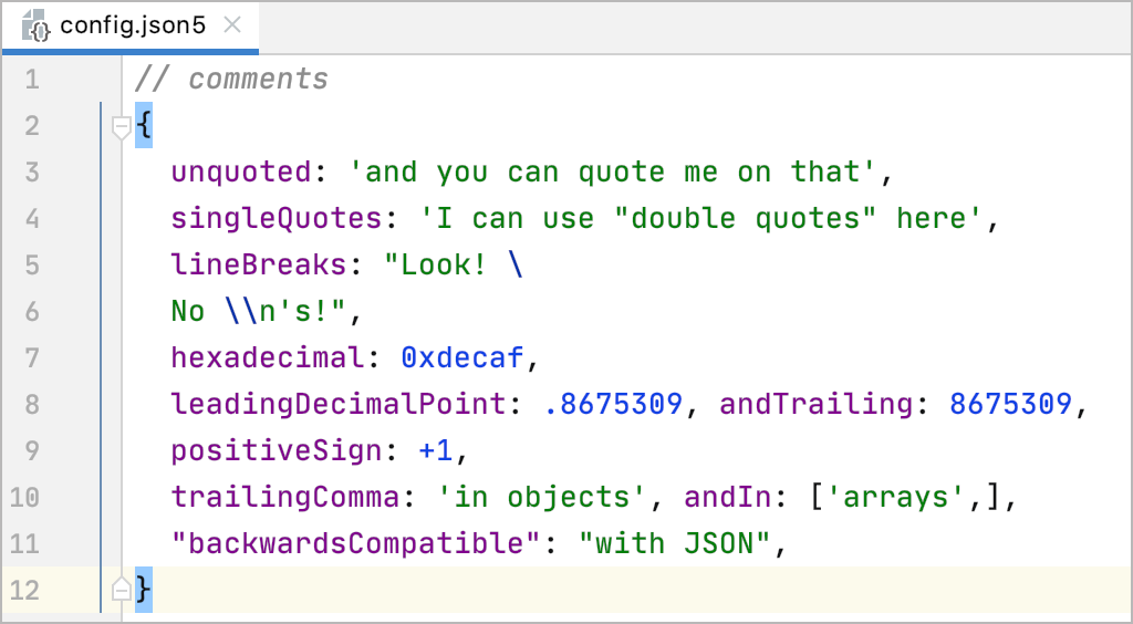 JSON5 file in the editor