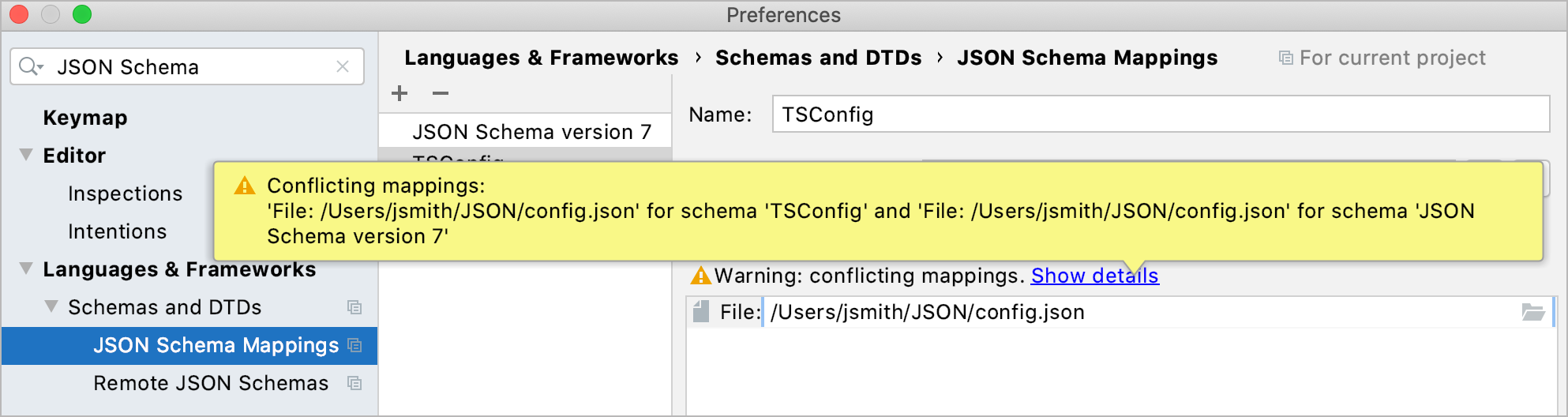 Notification about conflicting schema scopes in Preferences dialog