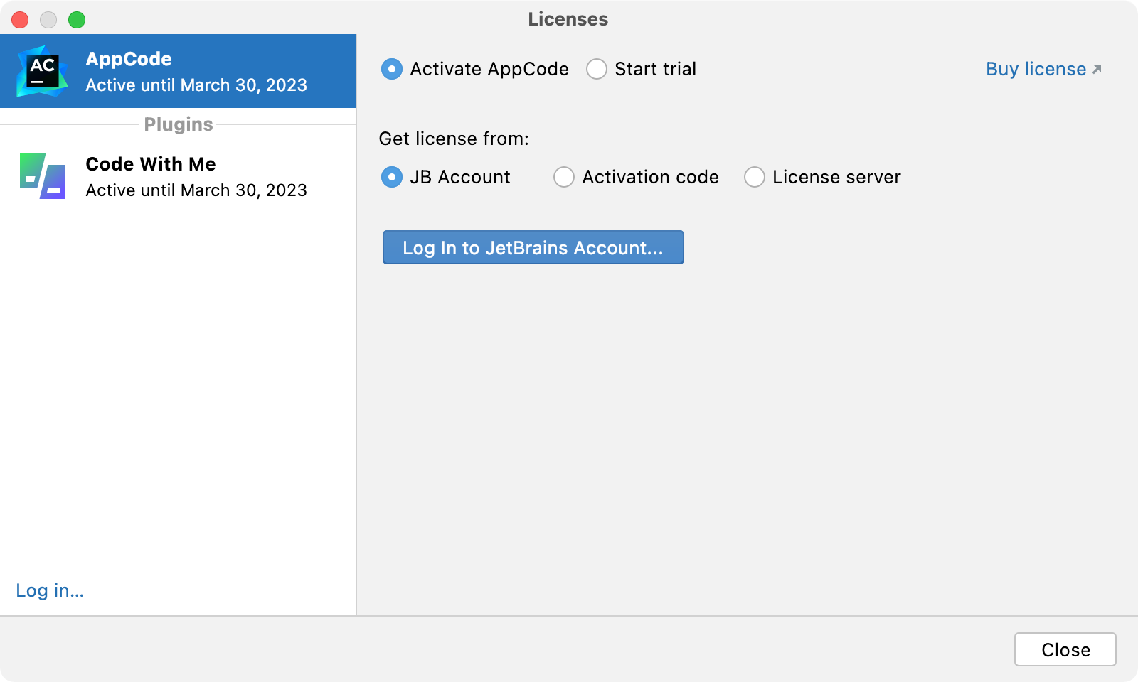 AppCode: Licenses dialog