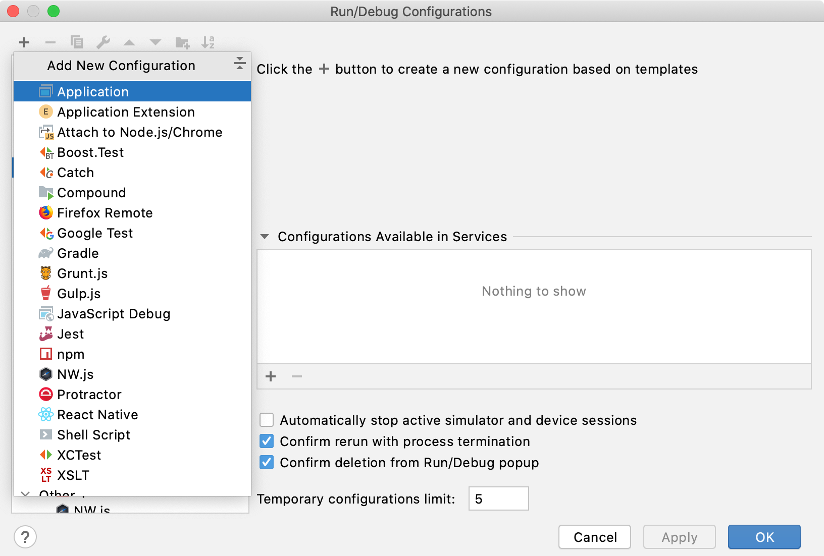 Selecting a new run/debug configuration template