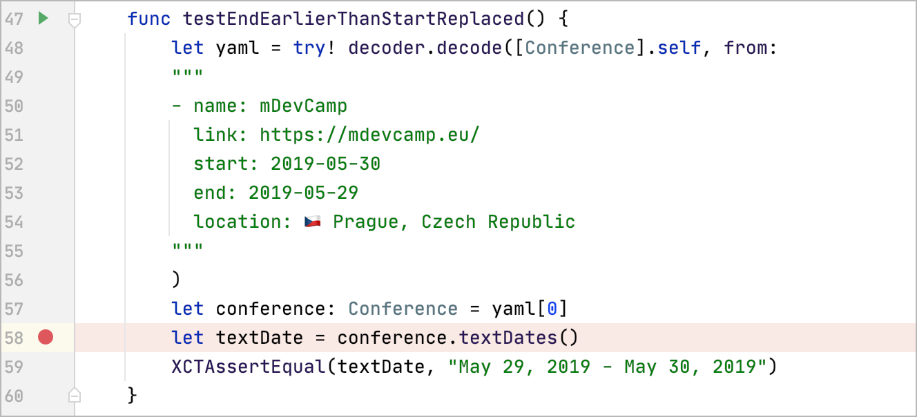 The breakpoint in the test method