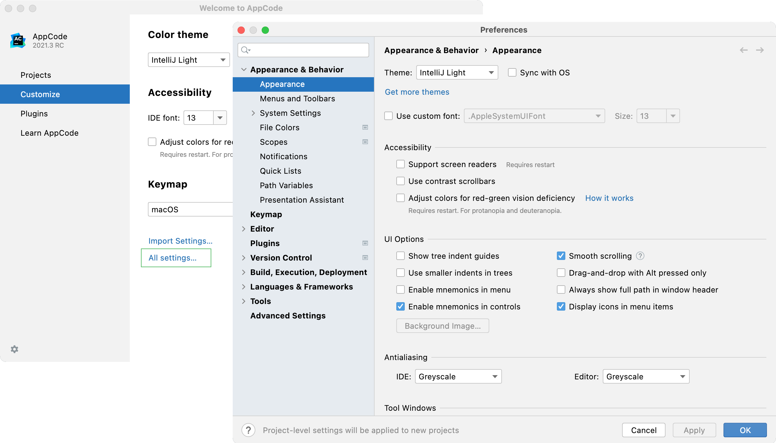 Configuring new default settings for projects