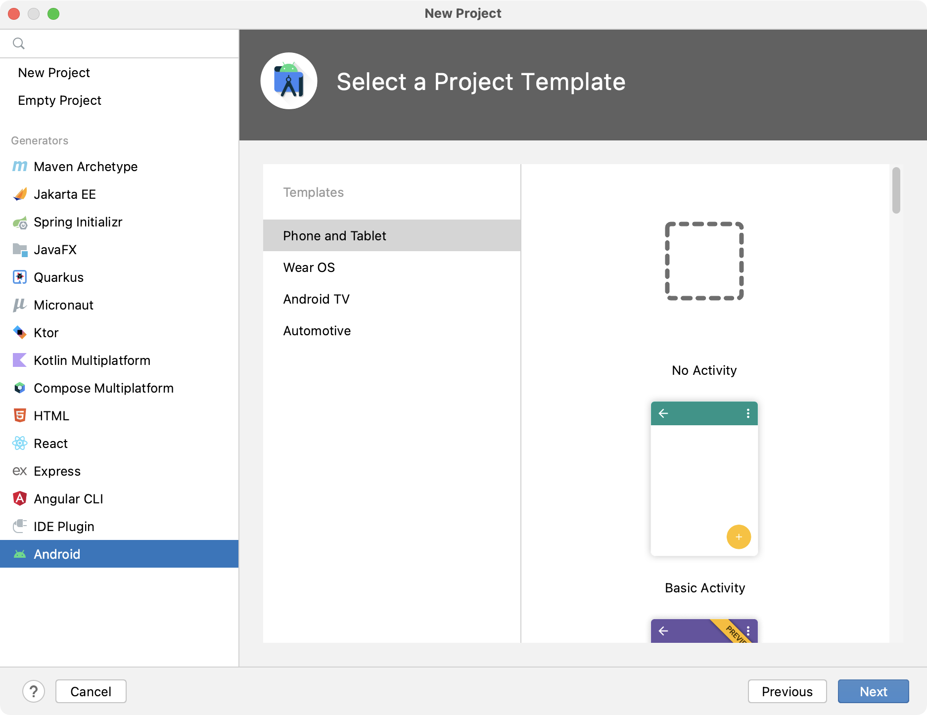 Creating a new Android project