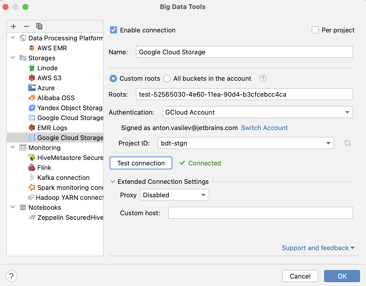 Connection settings for Google Cloud Storage