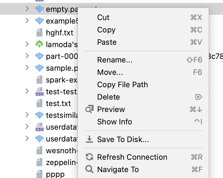Context menu to work with the data files