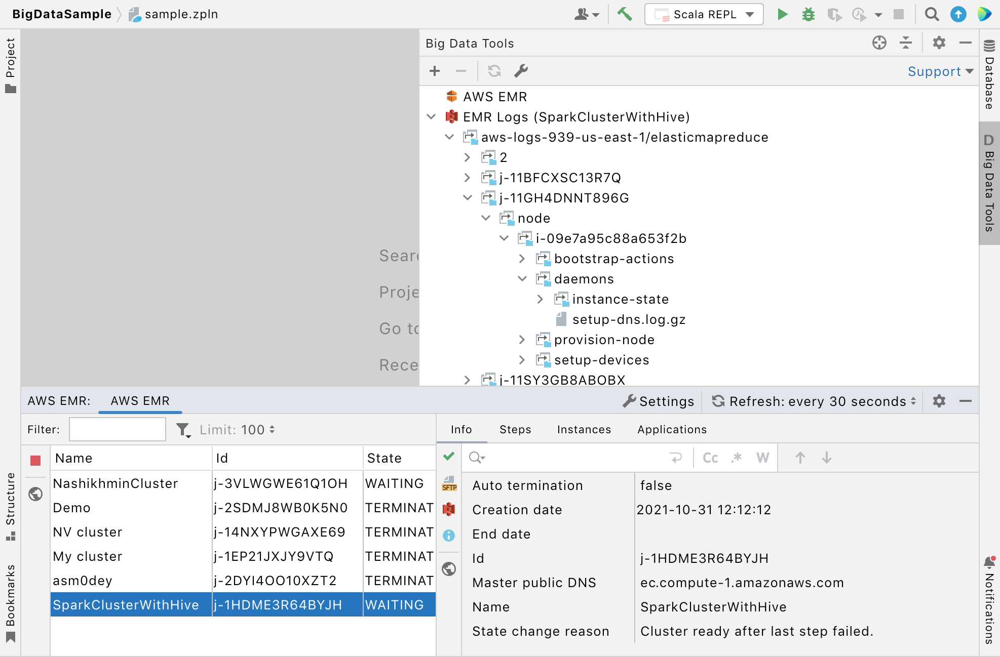 EMR logs in the Big Data Tools window