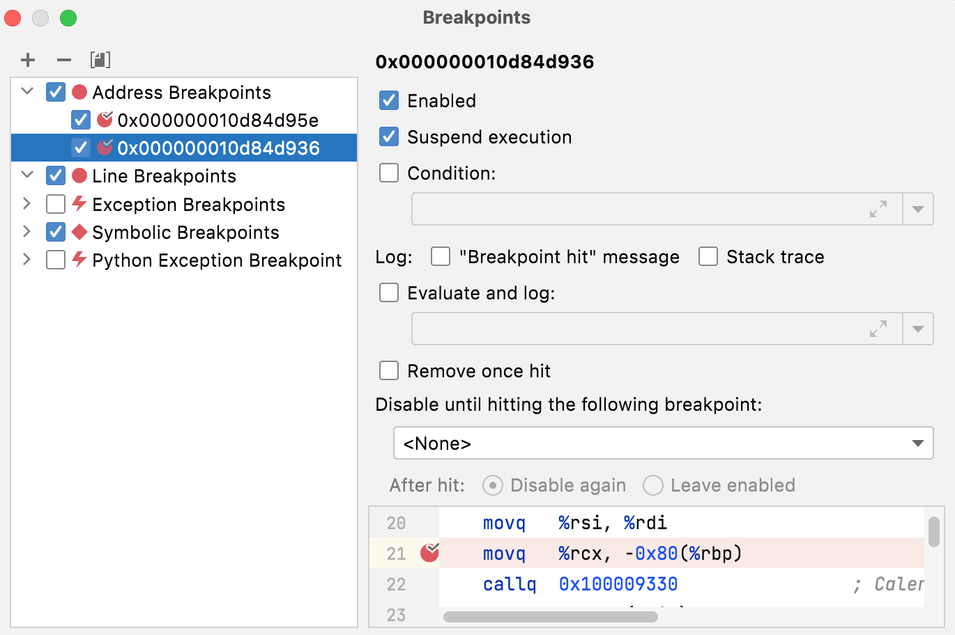 Address breakpoints properties