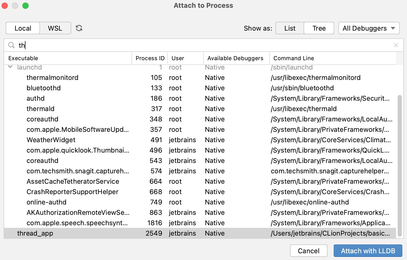 Attach to Process dialog