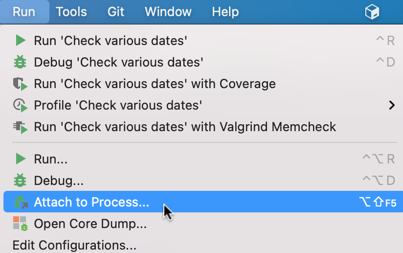 Attach to Process menu item
