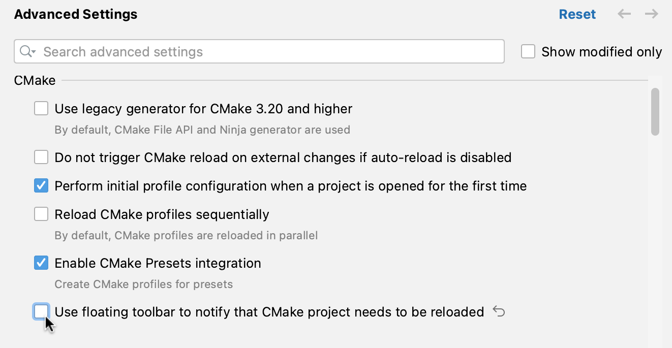 Advanced settings CMake floating notification