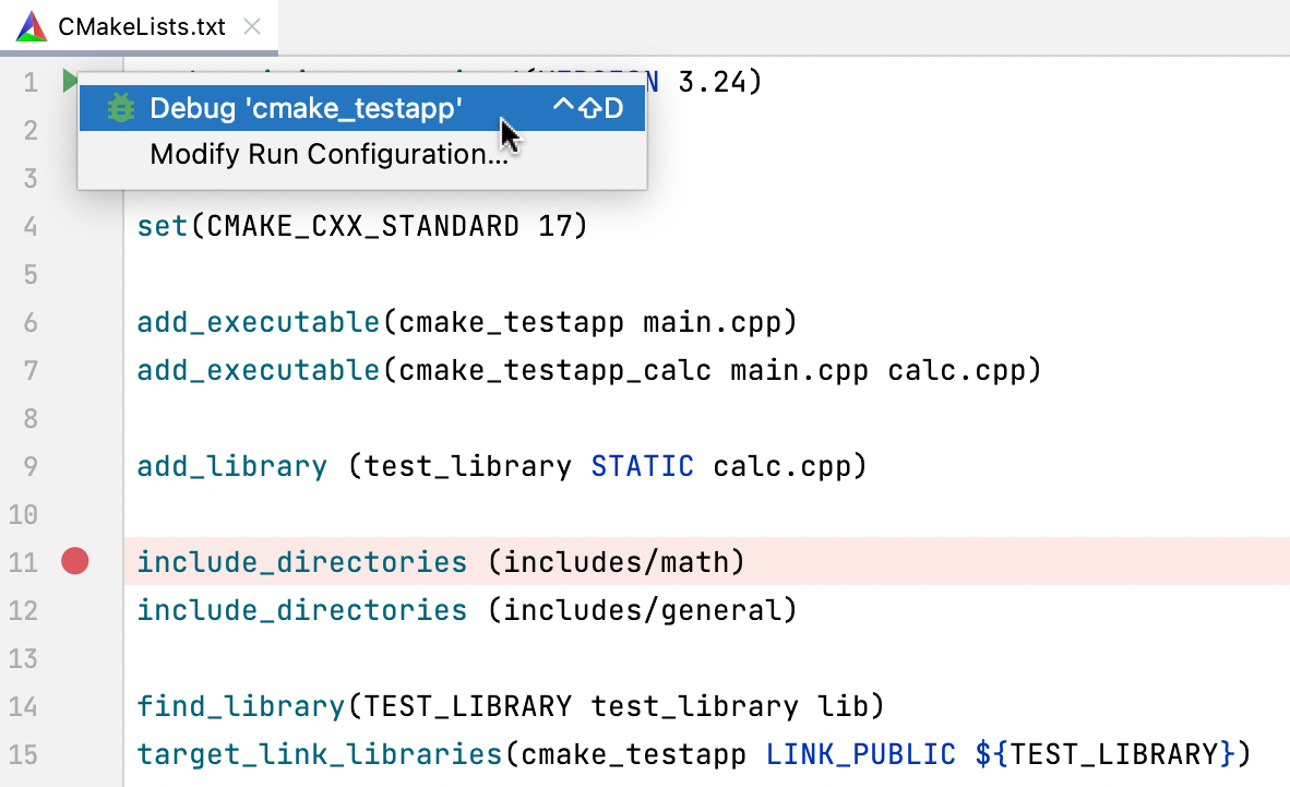 Starting a CMake debug session from gutter