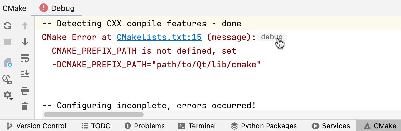 Debug hint in CMake tool window