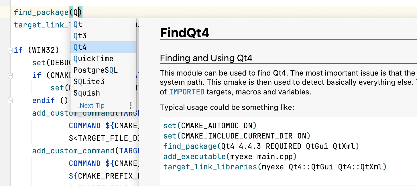 Quick doc in CMake completion