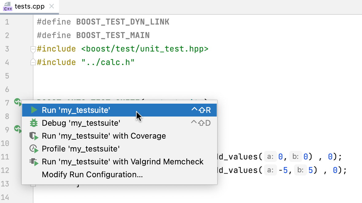 Running Boost test using the gutter menu
