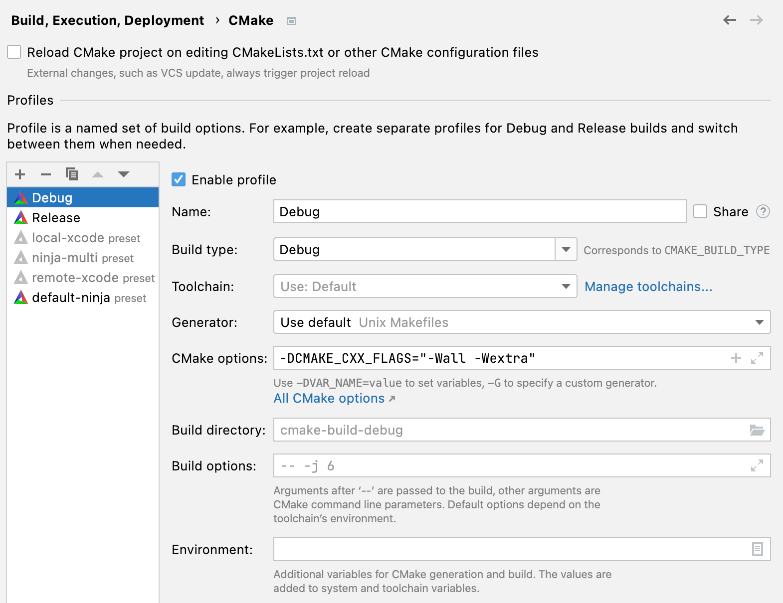 CMake settings dialog