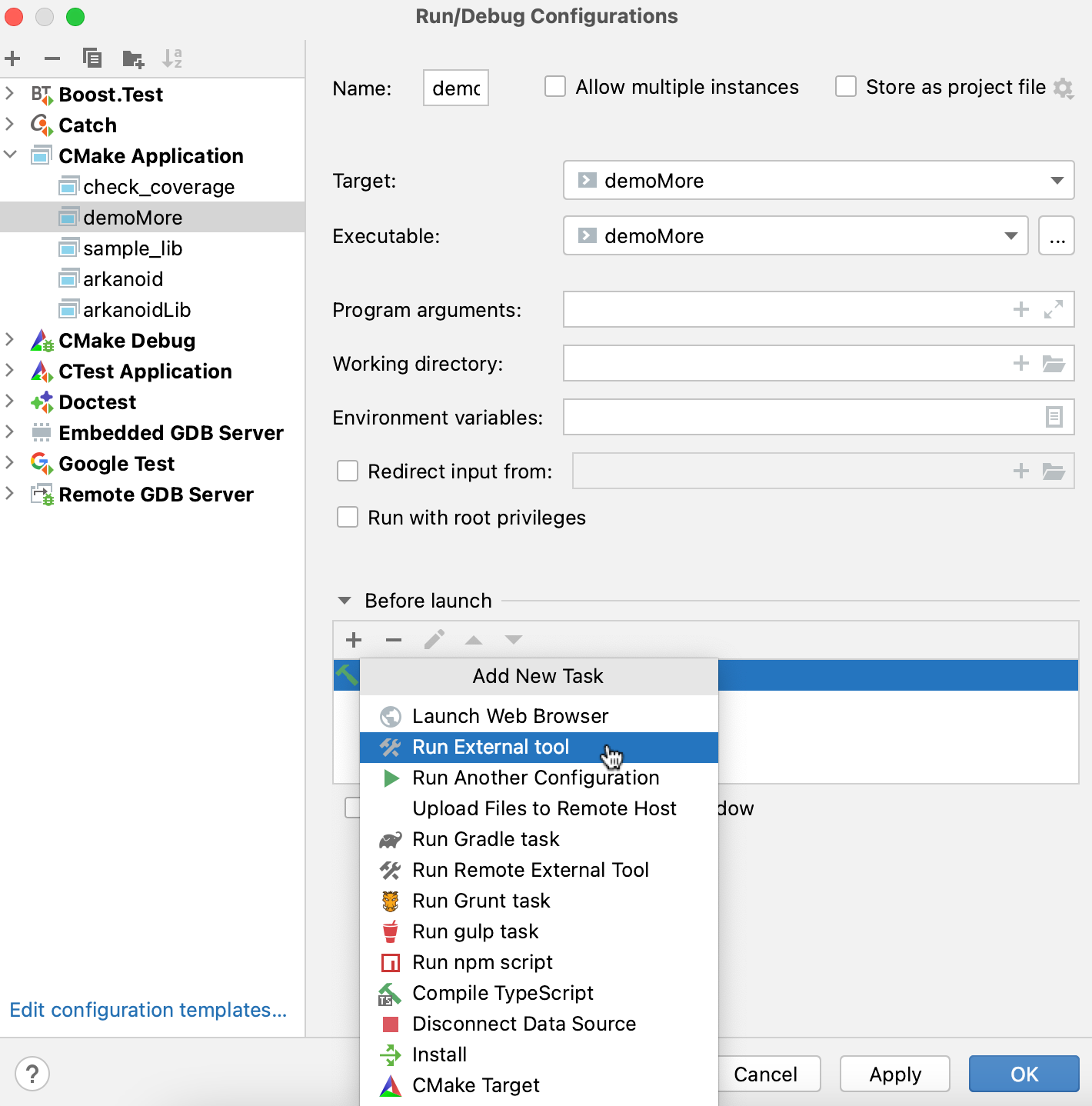 Run/debug configurations dialog - the Before launch list