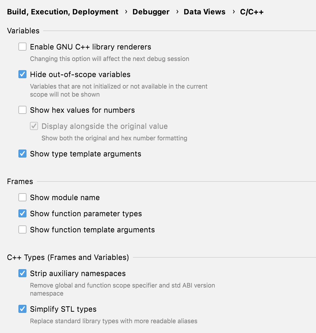 C/C++ debugger data views settings