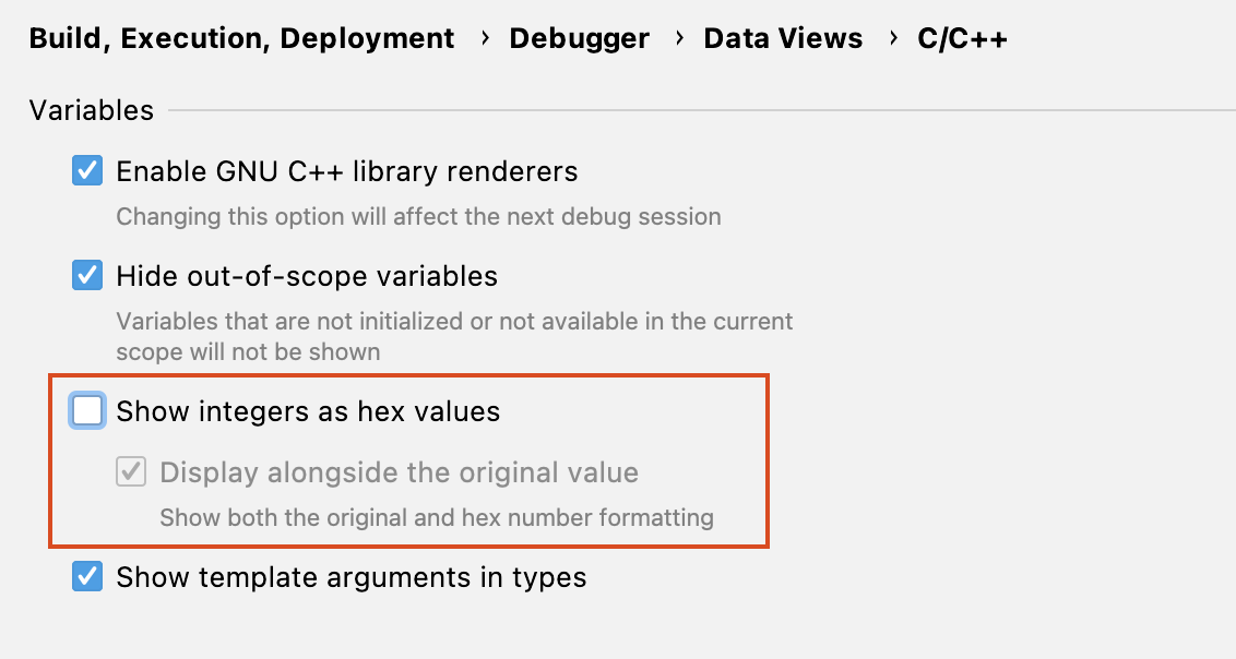 Enabling hex view in debugger settings