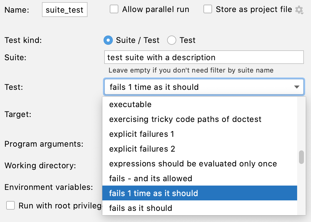 Selecting a test from a suite