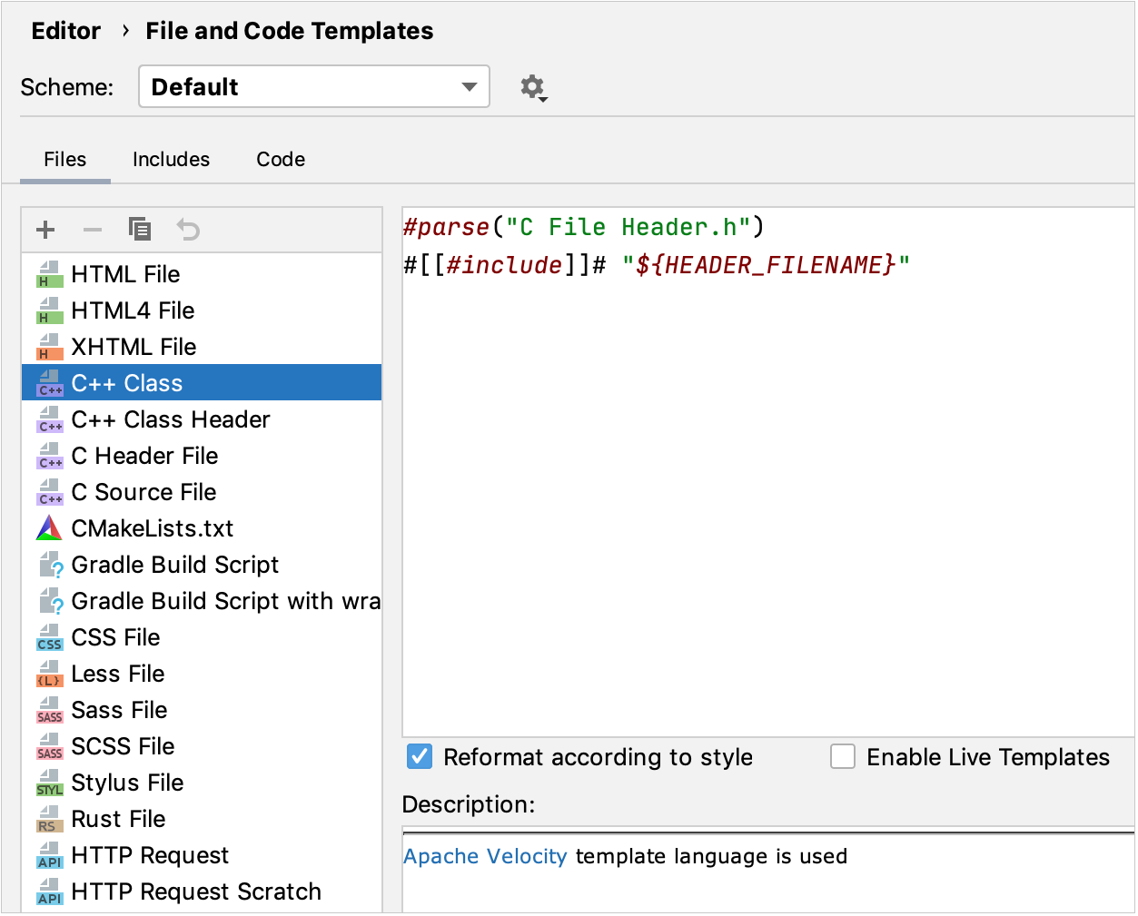 File templates settings