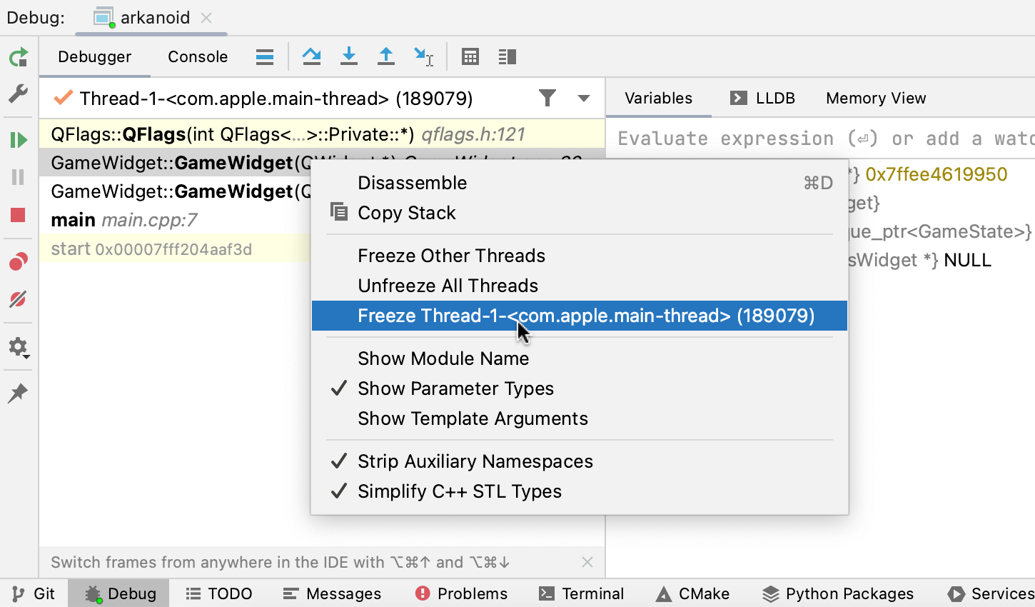 Freeze/unfreeze threads in the context menu