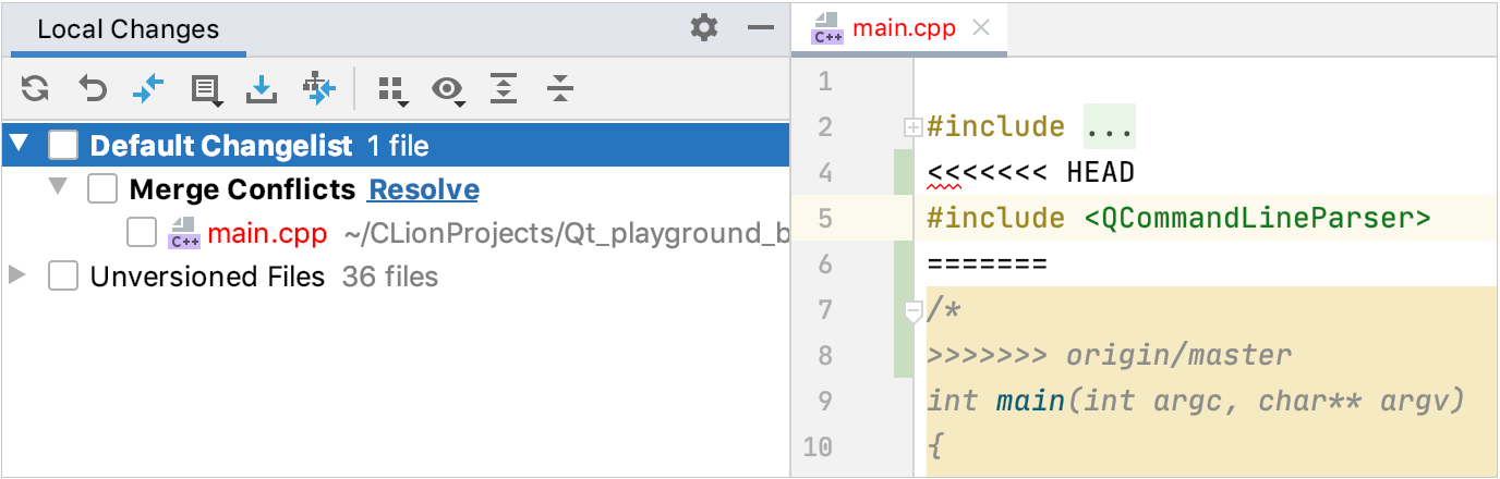 The Merge Conflicts node in the Local Changes view