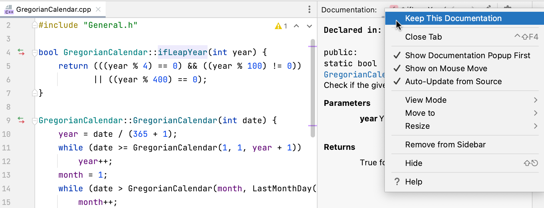 Keep Quick Documentation in tool window