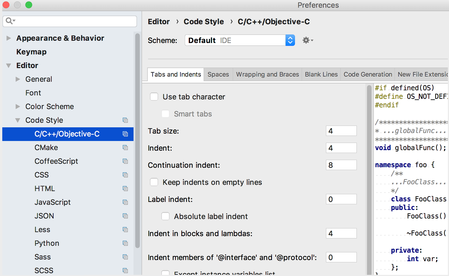 Objective-C/C++ code style settings