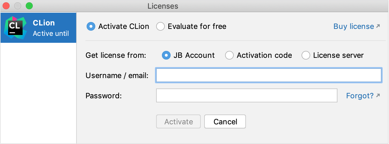 CLion: Licenses dialog