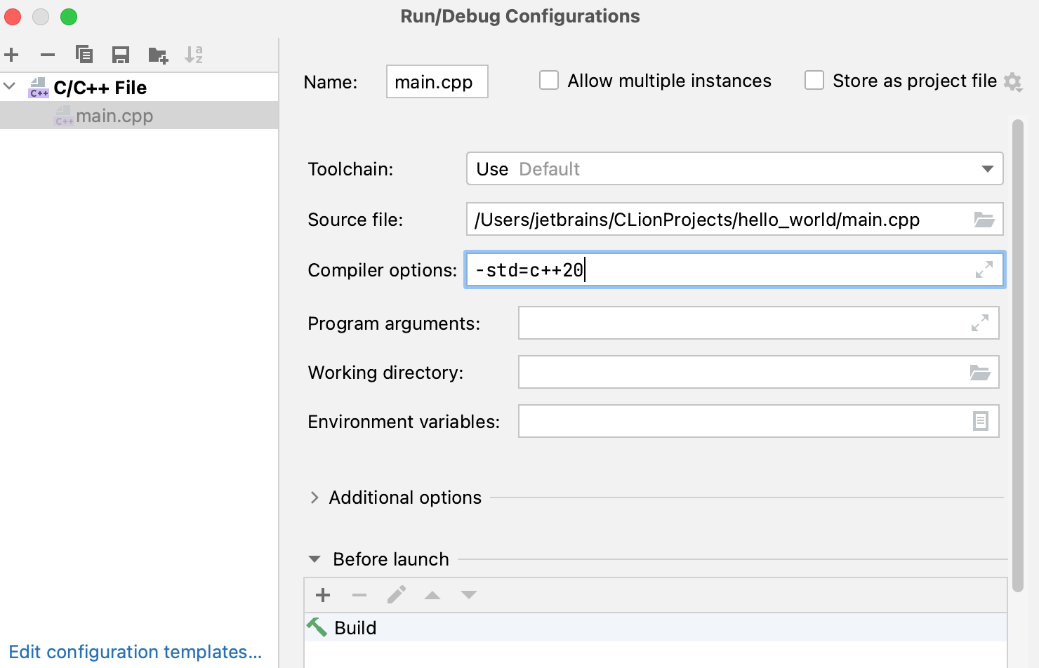 Adding compiler options to C/C++ File configuration