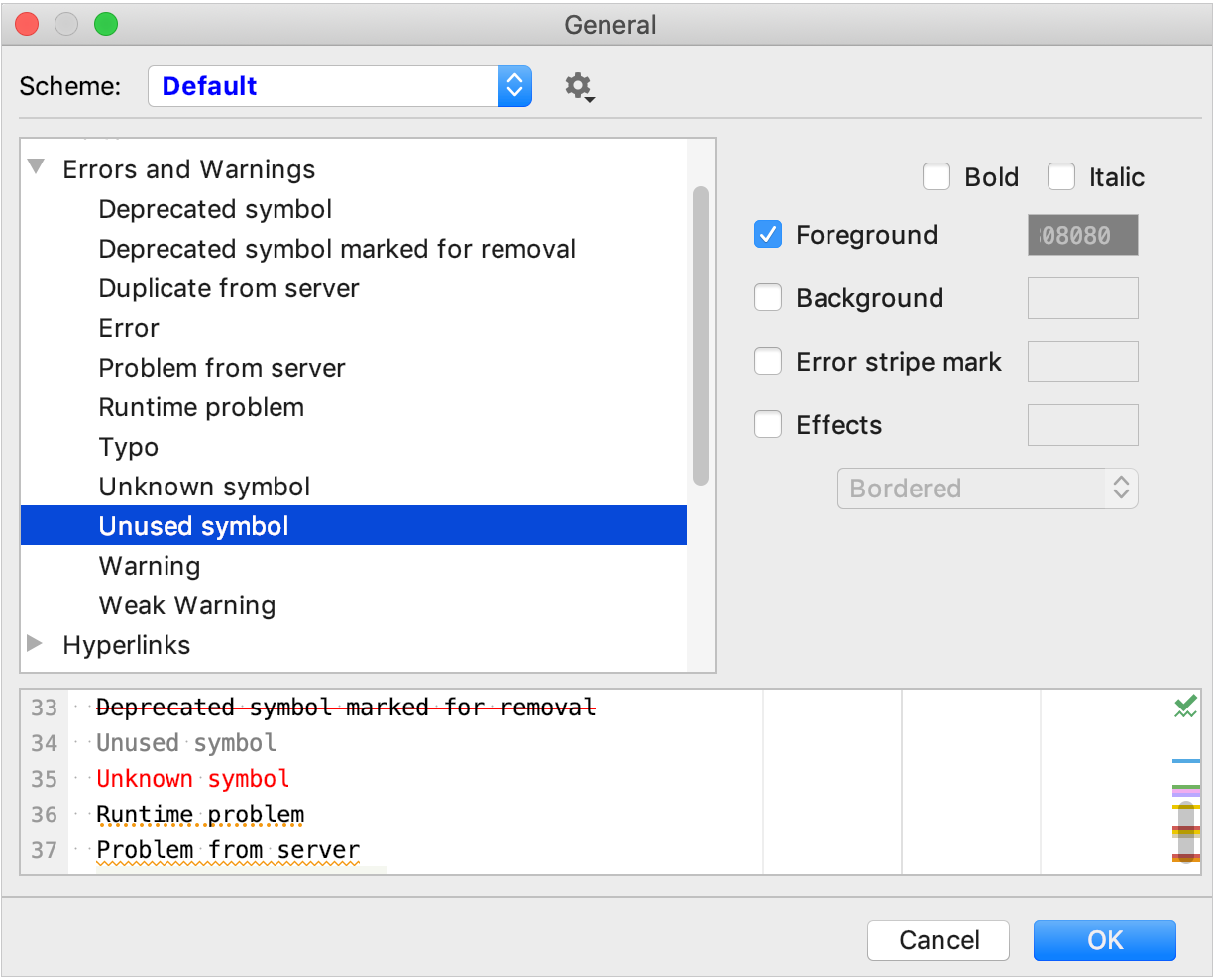 Changing error highlighting