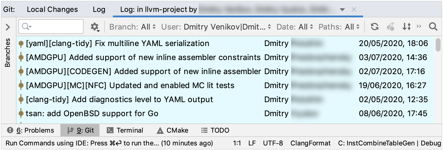 Log tab in the Git tool window filtered by branch