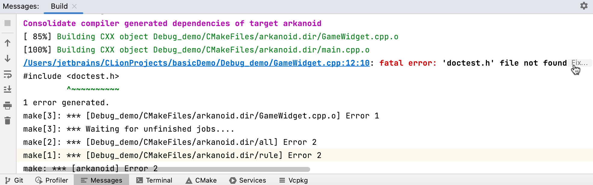 Quick-fix link in the build error message
