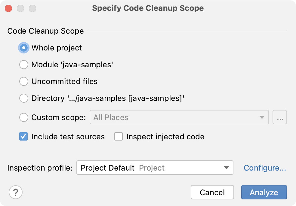 the Specify Code Cleanup Scope dialog