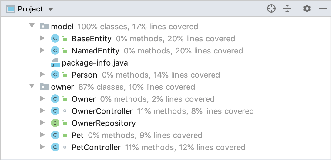 Code coverage results in the Project tool window